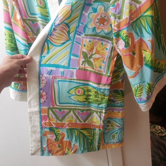 Bob Mackie Wearable Art Silk Open Front Kimono Top Cats Monkeys Fruit Fish sz S - Picture 10 of 16